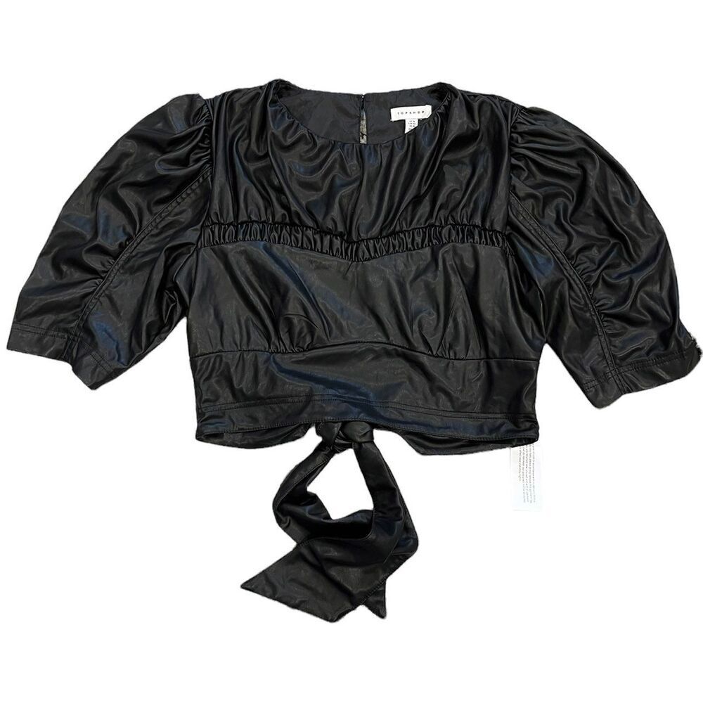 Topshop Faux Leather Cropped Wrap Blouse 10
